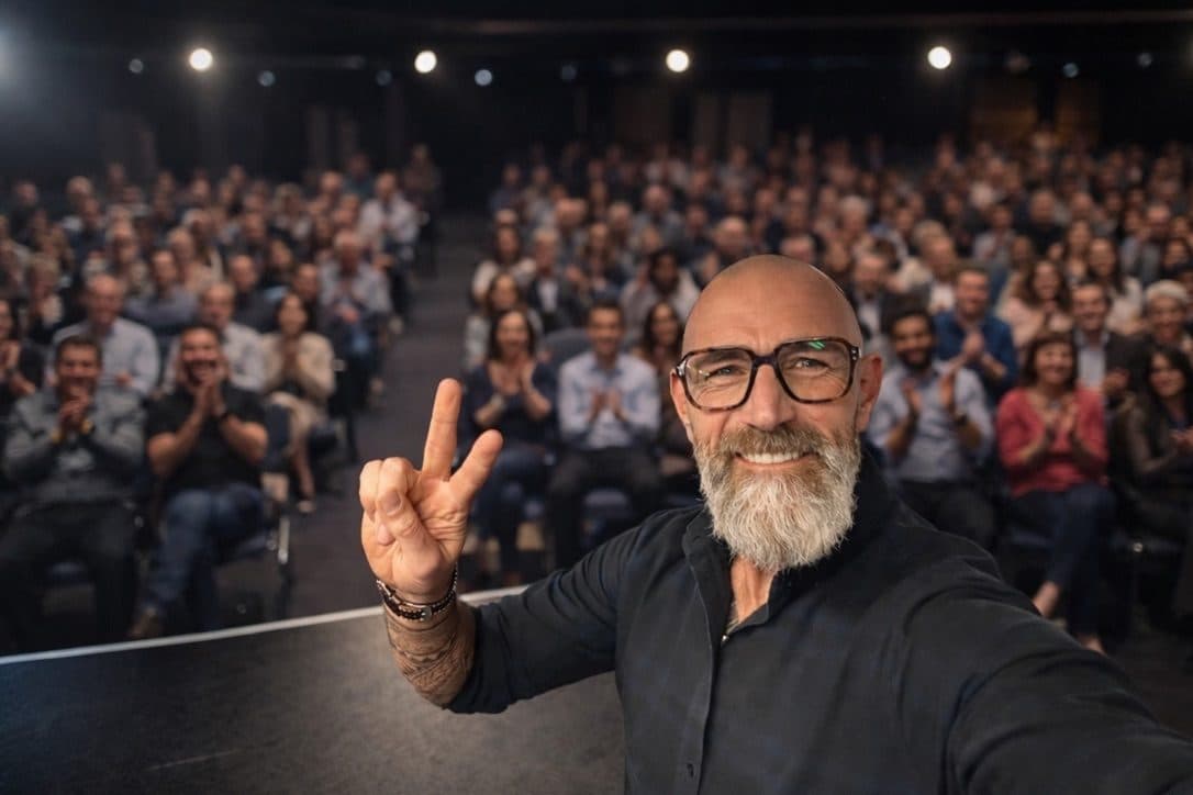 Selfie von Tom Martens vor einem vollen Saal nach einer Keynote